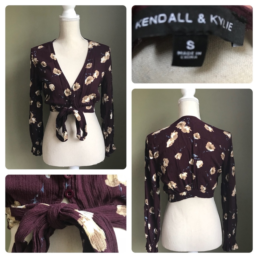 Kendall and Kylie maroon floral front tie crop top